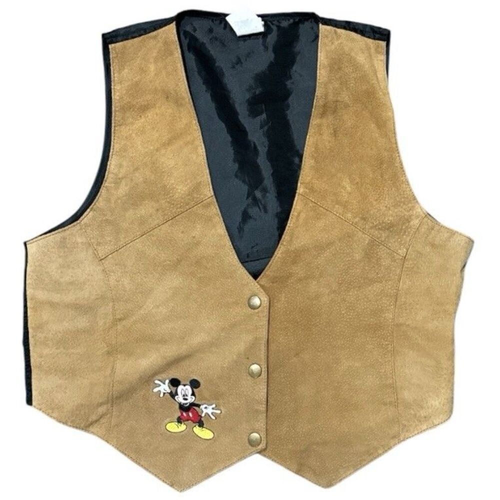 Vintage 90s Disney Mickey Mouse Suede Leather Vest M/L Brown Embroidered Western